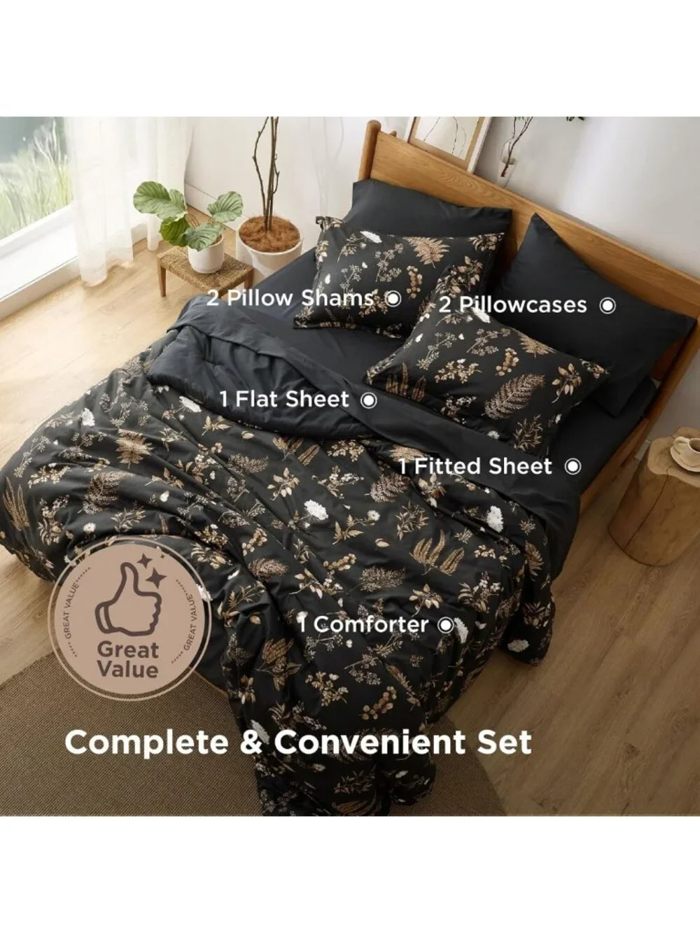 Floral Black King Comforter Set - 7 Piece Luxury Bedding Set for Cozy Bedrooms